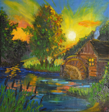Painting titled "Old Mill Landscape" by Nadyalerm, Original Artwork, Oil