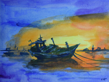 Painting titled "Seascape Old Ship" by Nadyalerm, Original Artwork, Watercolor