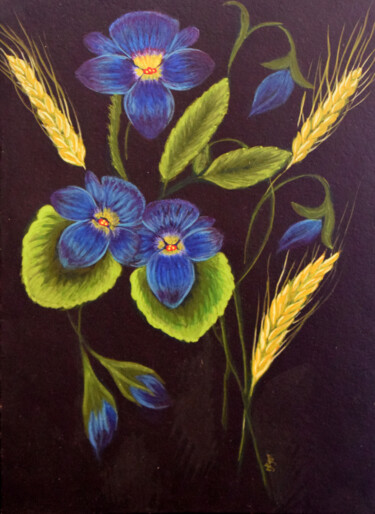 Pintura intitulada "Pansies and wheat s…" por Nadyalerm, Obras de arte originais, Têmpera