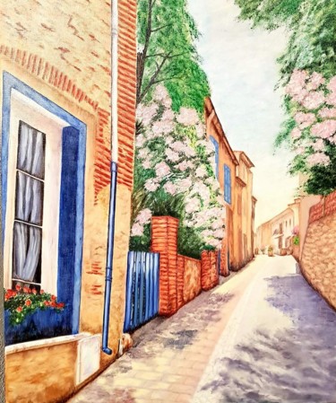 Pintura intitulada "rue d'un village ca…" por Nadya Rigaill, Obras de arte originais, Óleo