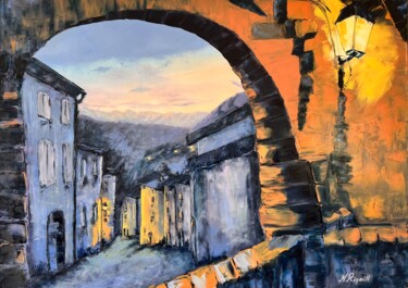 Painting titled "Arche en soirée St…" by Nadya Rigaill, Original Artwork, Oil Mounted on Wood Stretcher frame