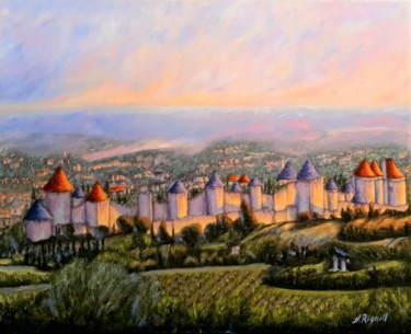 Peinture intitulée "Aube sur Carcassonne" par Nadya Rigaill, Œuvre d'art originale, Huile