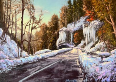 Painting titled "Route matinale vers…" by Nadya Rigaill, Original Artwork, Oil Mounted on Wood Stretcher frame
