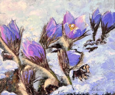 Painting titled "Crocus sous la neige" by Nadya Rigaill, Original Artwork, Oil Mounted on Wood Stretcher frame