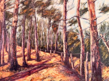 Painting titled "Route forestiére" by Nadya Rigaill, Original Artwork, Oil Mounted on Wood Stretcher frame