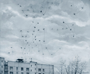 Peinture intitulée "Небесные пути. Птицы" par Nadezhda Tsvetkova, Œuvre d'art originale, Huile Monté sur Carton