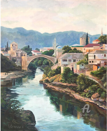 Картина под названием "Мост через Неретву.…" - Надежда Цветкова, Подлинное произведение искусства, Масло Установлен на картон
