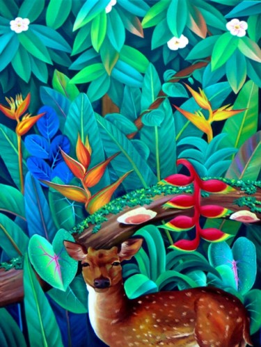 Painting titled "foliage-with-deer-l…" by Murali Nagapuzha, Original Artwork