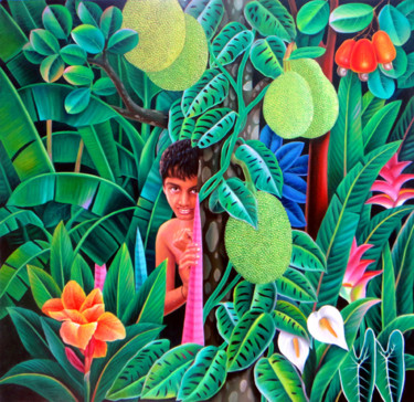 Painting titled "boy-behind-jack-tre…" by Murali Nagapuzha, Original Artwork, Oil