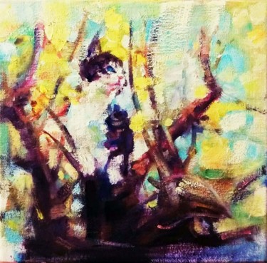 Malerei mit dem Titel "Xaras on the tree" von Nagia Chrisanthacopoulou, Original-Kunstwerk, Öl