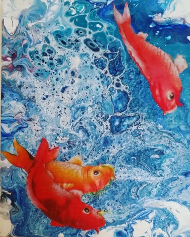 Peinture intitulée "Petits poissons dan…" par Nagwa Safey, Œuvre d'art originale, Acrylique