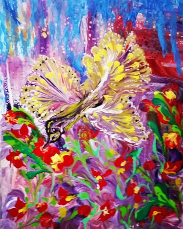 Painting titled "Oiseau d'or" by Nagwa Safey, Original Artwork, Acrylic