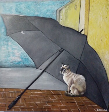 Painting titled "O gato e o guarda c…" by Sandra Regina Herrera, Original Artwork, Oil