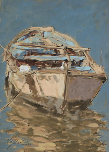 Peinture intitulée "barque en repos" par Hassan Najim, Œuvre d'art originale, Acrylique
