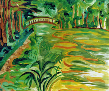 Peinture intitulée "Pont japonais" par Betty Najman, Œuvre d'art originale, Huile