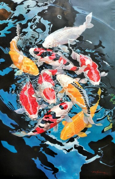 Ζωγραφική με τίτλο "Koi Fish #1" από Namnjani, Αυθεντικά έργα τέχνης, Λάδι
