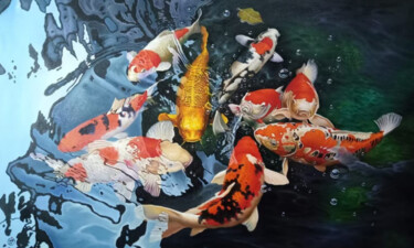 Malerei mit dem Titel "Harmony of Koi" von Namnjani, Original-Kunstwerk, Öl