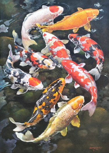 Painting titled "Harmony of Koi #5" by Namnjani, Original Artwork, Oil
