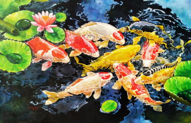 Malerei mit dem Titel "Harmony of Koi #6" von Namnjani, Original-Kunstwerk, Öl