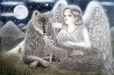 Drawing titled "An angel and wolves" by Nanae Miller, Original Artwork, Pencil