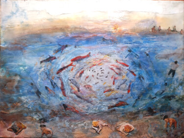 「Metamorphic Fish」というタイトルのコラージュ Nancy Fruchtman (Taya)によって, オリジナルのアートワーク, エンカウスティーク artwork_cat.にマウント