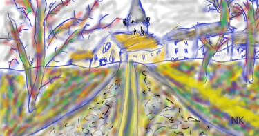 Digitale Kunst getiteld "L'église du village…" door Nancy Krief, Origineel Kunstwerk, 2D Digital Work