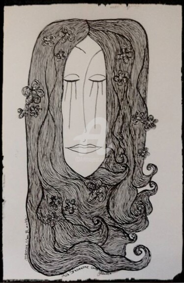 Drawing titled "shamane aux fleurs" by Nancy Van Reeth, Original Artwork