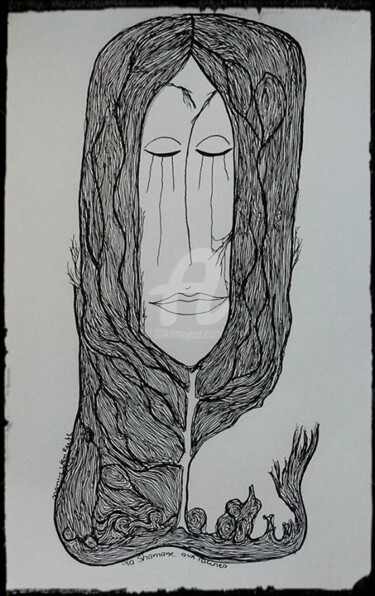 Dessin intitulée "shamane aux racines" par Nancy Van Reeth, Œuvre d'art originale