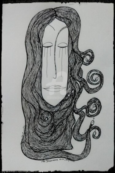 Dessin intitulée "shamane aux serpents" par Nancy Van Reeth, Œuvre d'art originale