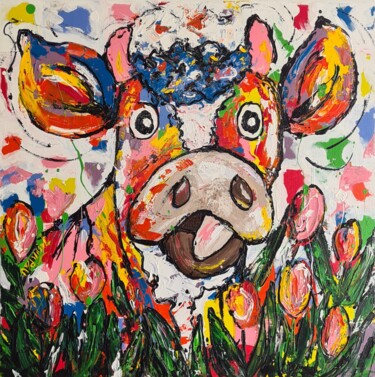 Schilderij getiteld "Vrolijke koe" door Nanda Van Der Vliet, Origineel Kunstwerk, Acryl