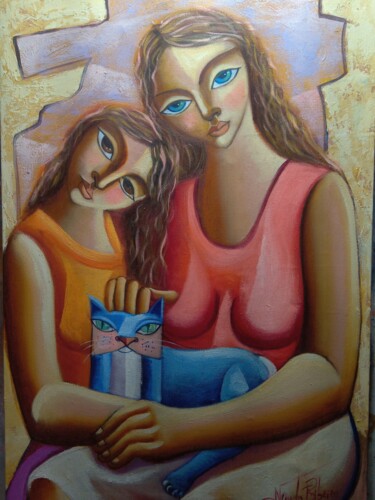 Pintura titulada "Menina com gato" por Nando Ribeiro, Obra de arte original, Oleo