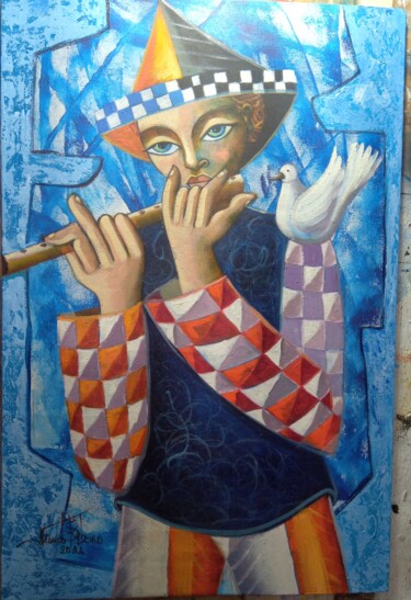 Pintura intitulada "Flautista" por Nando Ribeiro, Obras de arte originais, Óleo