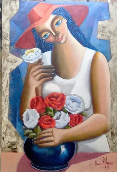 Pintura titulada "Mulher com vaso de…" por Nando Ribeiro, Obra de arte original, Oleo