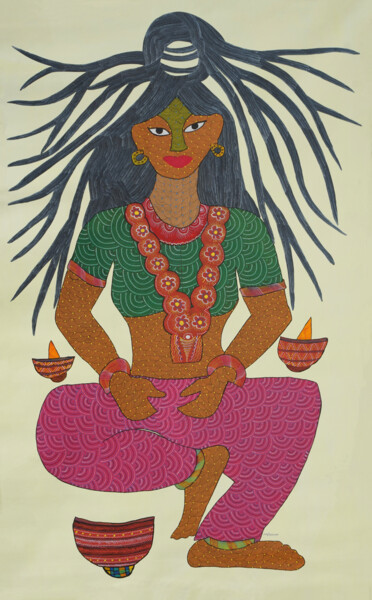 Pintura intitulada "Gond Painting  (DEV…" por Nankusiya Shyam, Obras de arte originais, Acrílico