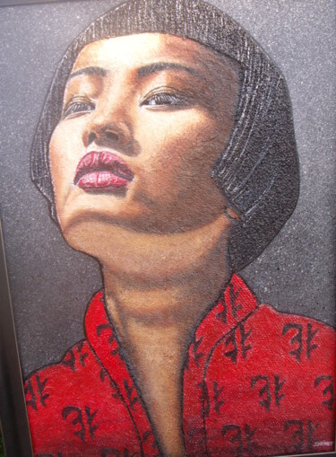 Painting titled "KIMONO ROUGE" by Nanou, Original Artwork, Oil Mounted on Wood Stretcher frame