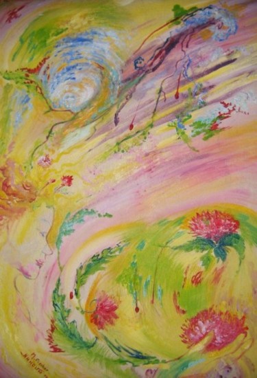 Peinture intitulée "fontaine à fleur" par Nanou, Œuvre d'art originale, Huile