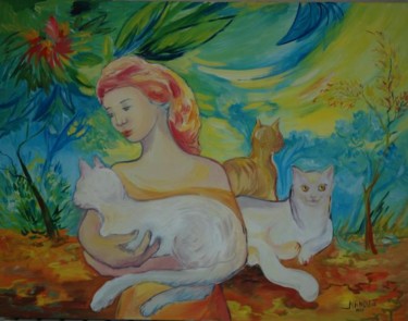 Peinture intitulée "la dame aux chats" par Nanou, Œuvre d'art originale, Huile