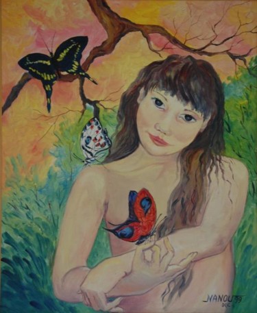 Peinture intitulée "fillette aux papill…" par Nanou, Œuvre d'art originale, Huile