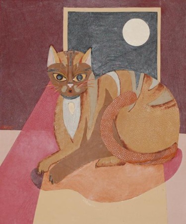 Peinture intitulée "la lune au chat" par Nanou, Œuvre d'art originale, Huile