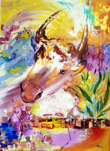 Peinture intitulée "le taureau" par Nanou, Œuvre d'art originale, Huile