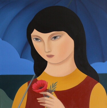 Painting titled "Blue Umbrella" by Naoko Paluszak, Original Artwork, Oil Mounted on Wood Stretcher frame