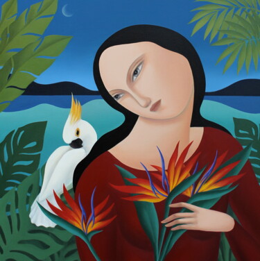 Картина под названием "Tropical Moon" - Naoko Paluszak, Подлинное произведение искусства, Масло Установлен на Деревянная рам…
