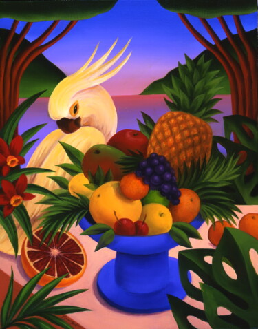 Painting titled "Cockatoo with Fruits" by Naoko Paluszak, Original Artwork, Oil Mounted on Wood Stretcher frame