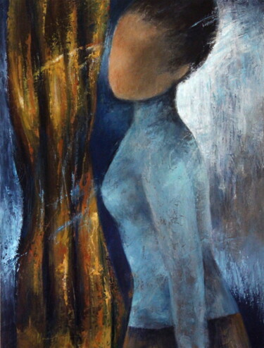 Painting titled "Turquoise Dress" by Naoko Paluszak, Original Artwork, Oil Mounted on Wood Stretcher frame