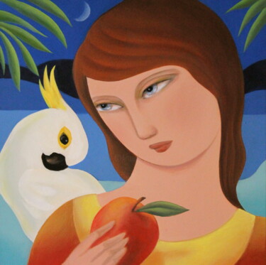 Painting titled "Woman with Cockatoo…" by Naoko Paluszak, Original Artwork, Oil Mounted on Wood Stretcher frame