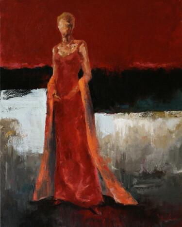 Painting titled "Red Dress with Oran…" by Naoko Paluszak, Original Artwork, Oil Mounted on Wood Stretcher frame