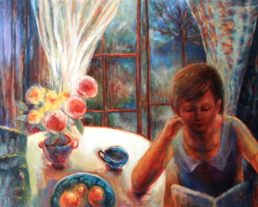 Painting titled "Girl with a Book" by Naoko Paluszak, Original Artwork, Oil