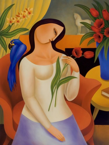 Painting titled "Woman with Blue Par…" by Naoko Paluszak, Original Artwork, Oil Mounted on Wood Stretcher frame