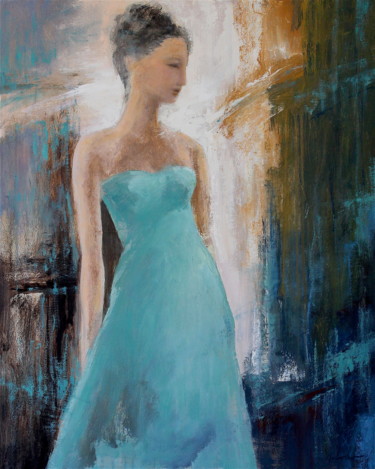 Painting titled "Woman with Turquois…" by Naoko Paluszak, Original Artwork, Oil Mounted on Wood Stretcher frame