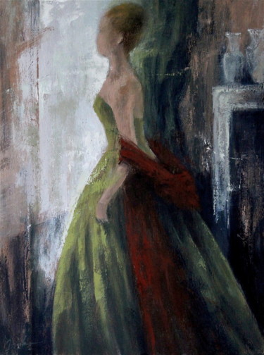 Painting titled "Green Dress and Red…" by Naoko Paluszak, Original Artwork, Oil Mounted on Wood Stretcher frame
